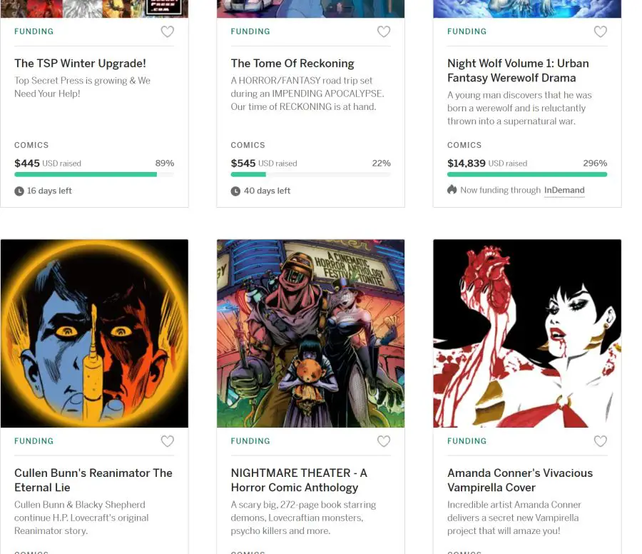 A screen capture from a popular crowdfunding campaign showing a list of available comics campaigns.