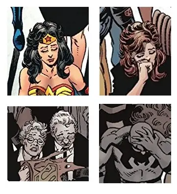 A screen capture of Wonder Woman, Lois Lane, Ma and Pa Kent, and Blue Beetle expressing grief. All faces were captures from the cover of Superman: Death of a Friend.