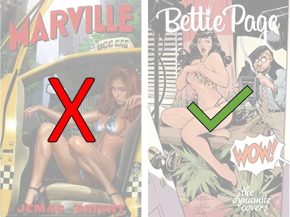 A side-by-side image comparing the cover of Marville #1 to Bettie Page: The Dynamite Covers. Marville #1 has a red X on the cover. The Bettie Page cover has a green checkmark on it.