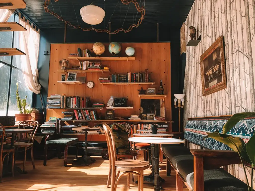 coffee shop with bookshelves