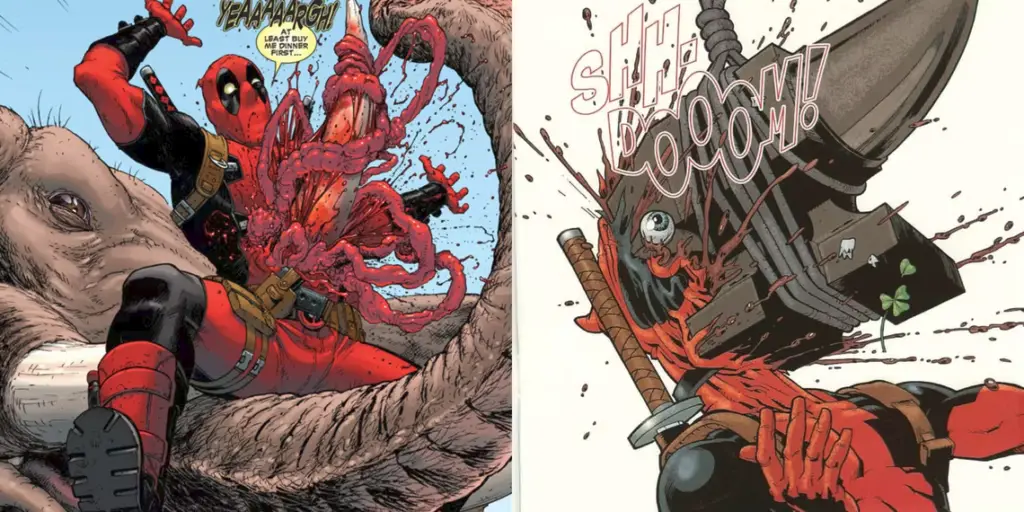 Assorted depictions of Deadpool dying in the comics